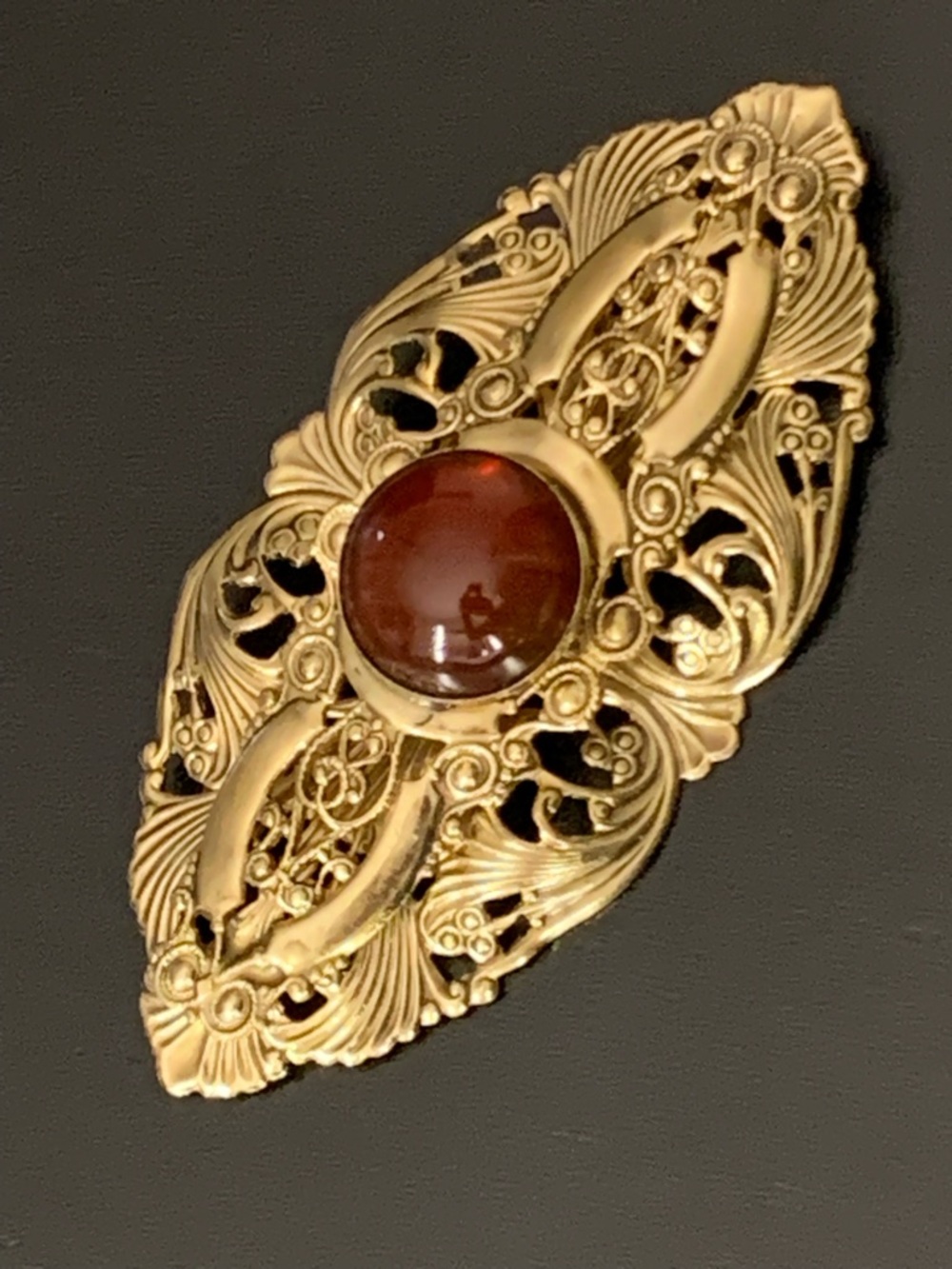 Huge Statement Vintage Victorian Style Gold Tone Red Cabochon Filigree Brooch